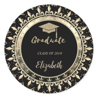Elegant Glitter Gold Grad Cap,Confetti Classic Round Sticker