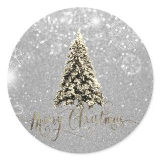 Elegant Glitter Silver  Christmas Tree Classic Round Sticker