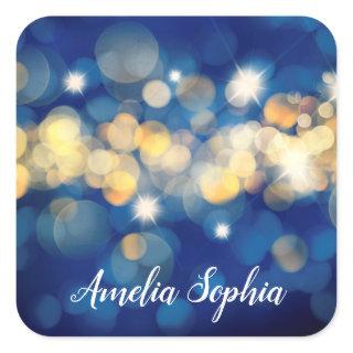 Elegant Gold and Navy Blue Bokeh Quinceañera Square Sticker