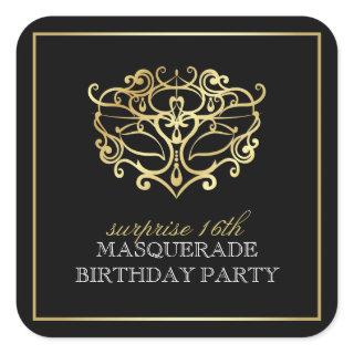 Elegant Gold & Black Masquerade Surprise Party Square Sticker