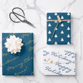 Elegant Gold Blue Merry Christmas Holiday Trees  Sheets
