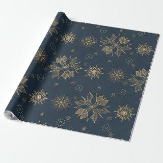Elegant Gold Blue Poinsettias Snowflakes Pattern