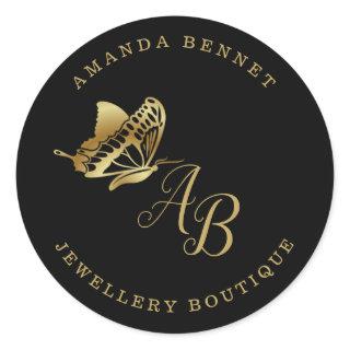 Elegant gold butterfly on black, monogramed classic round sticker