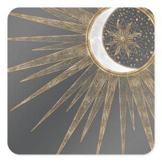 Elegant Gold Doodles Sun Moon Mandala Design Square Sticker