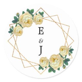 Elegant Gold Glitter Geometric Yellow Floral Wed Classic Round Sticker