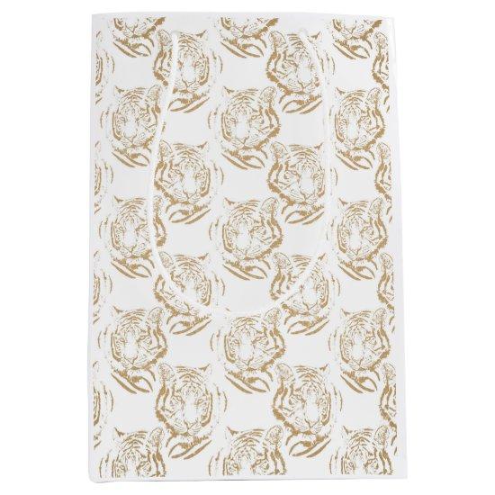 Elegant Gold Glitter Tiger Print White Design Medium Gift Bag