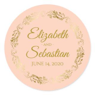 Elegant Gold Lace on Coral Peach Wedding Favor Classic Round Sticker