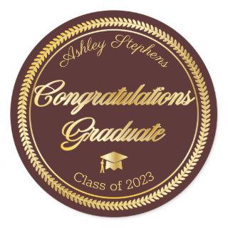 Elegant Gold | Maroon Grad Cap Class of 2023 Classic Round Sticker