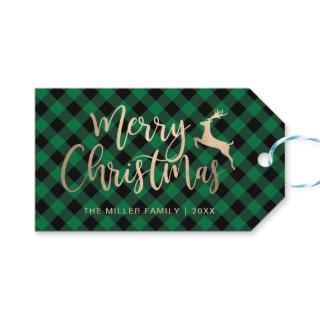 Elegant Gold Merry Christmas Black & Green Plaid Gift Tags