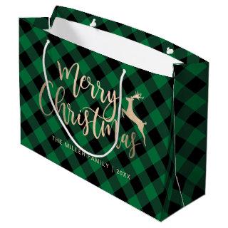 Elegant Gold Merry Christmas Black & Green Plaid Large Gift Bag