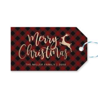 Elegant Gold Merry Christmas Black & Red Plaid Gift Tags