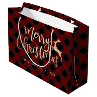 Elegant Gold Merry Christmas Black & Red Plaid Large Gift Bag