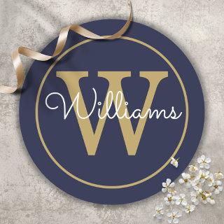 Elegant Gold Monogram Script Name Navy Blue Classic Round Sticker