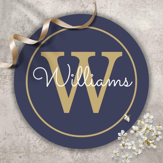 Elegant Gold Monogram Script Name Navy Blue Classic Round Sticker