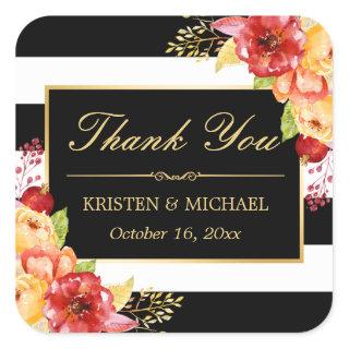 Elegant Gold Red Yellow Floral Autumn Thank You Square Sticker