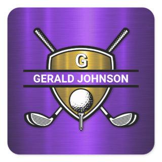 Elegant Gold Shield Golf Monogram Design Square Sticker