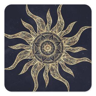Elegant Gold Sun Mandala Blue Nebula Design Square Sticker
