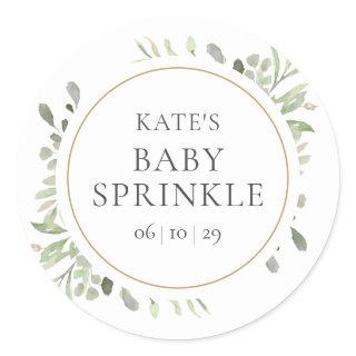 Elegant Gold Watercolour Greenery Baby Sprinkle Classic Round Sticker