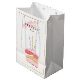 Elegant Golden Frame Birthday Cake Slice Medium Gift Bag