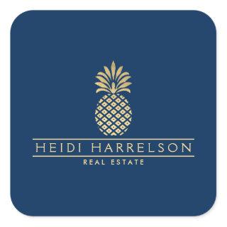 Elegant Golden Pineapple Logo on Navy Blue Square Sticker