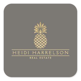 Elegant Golden Pineapple Logo on Taupe Square Sticker