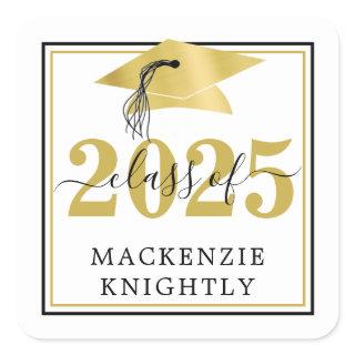 Elegant Graduation Cap Class Year Name Black Gold  Square Sticker
