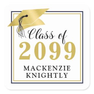 Elegant Graduation Cap Class Year Name Black Gold Square Sticker