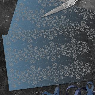 Elegant Gray And Blue Metallic Damask Pattern Tissue Paper