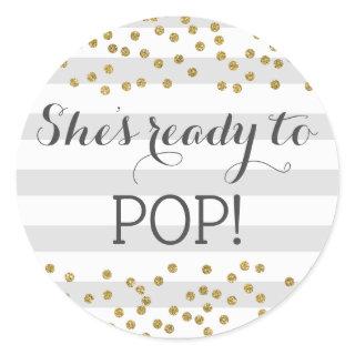 Elegant Gray Gold Neutral Baby Shower Ready to Pop Classic Round Sticker