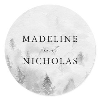 Elegant Gray Winter Forest Personalized Wedding Classic Round Sticker