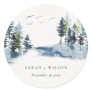 Elegant Green Blue Pine Woods Forest Birds Wedding Classic Round Sticker