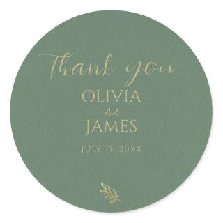 Elegant Green & Gold Minimalist Thank You Wedding Classic Round Sticker