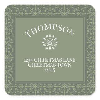 Elegant Green Snowflake Pattern Border Square Sticker