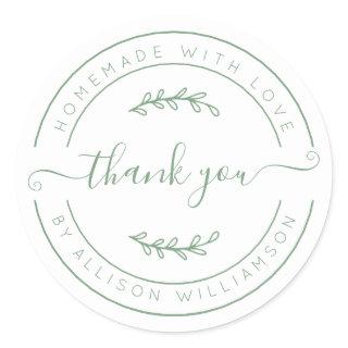 Elegant Homemade With Love Green White Thank You Classic Round Sticker