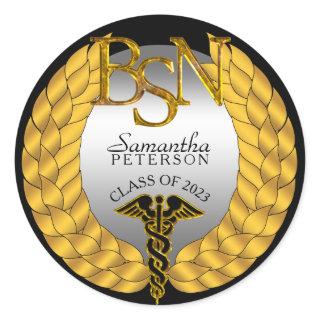 Elegant Laurel Wreath BSN Nursing Degree Caduceus Classic Round Sticker
