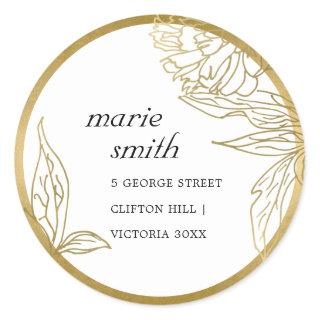 ELEGANT LUXE CLASSY GOLD FOIL FLORAL ADDRESS  CLASSIC ROUND STICKER