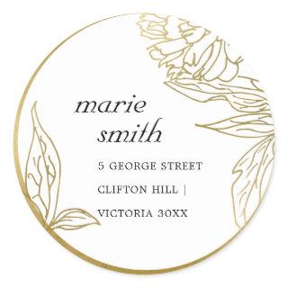 ELEGANT LUXE CLASSY GOLD FOIL FLORAL ADDRESS  CLASSIC ROUND STICKER