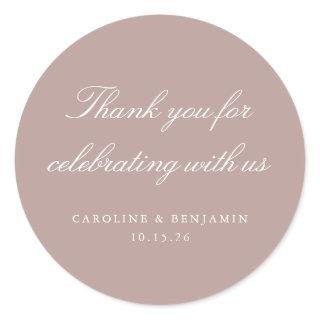Elegant Mauve Script Wedding Custom Thank You Classic Round Sticker