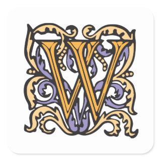 Elegant Medieval Letter W Antique Monogram Square Sticker