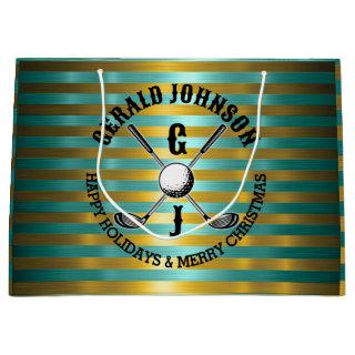 Elegant Metallic Green-Gold Golf Monogram Large Gift Bag