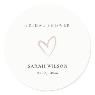 Elegant Minimal Blush Pink Heart Bridal Shower Classic Round Sticker