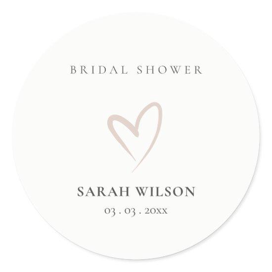 Elegant Minimal Blush Pink Heart Bridal Shower Classic Round Sticker