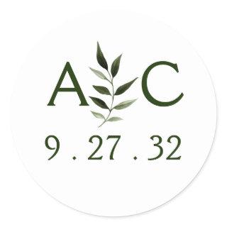 Elegant Minimal Leaves Frame Green Olive Initials Classic Round Sticker