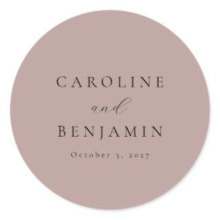 Elegant Minimalist Dusty Mauve Calligraphy Wedding Classic Round Sticker