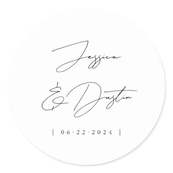 Elegant Minimalist Names Date Script Black Classic Round Sticker