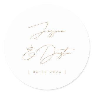 Elegant Minimalist Names Date Script Gold Classic Round Sticker