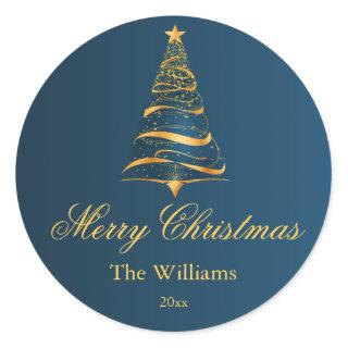 Elegant Minimalistic Golden Christmas Tree  Classic Round Sticker