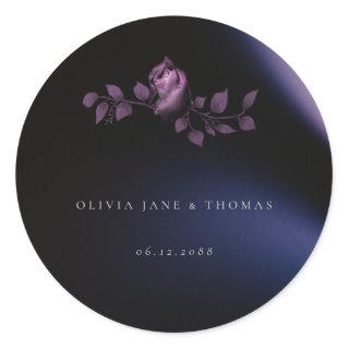 Elegant Modern Moody Dark Purple Floral Wedding Classic Round Sticker