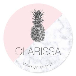 Elegant modern pretty silver pink pineapple makeup classic round sticker