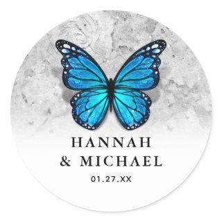 Elegant Monarch Template Blue Butterfly Wedding Classic Round Sticker
